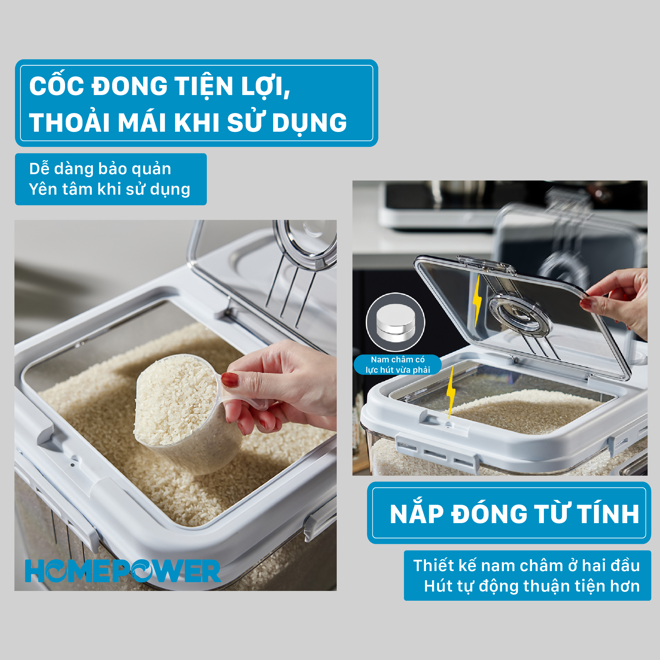 Thùng đựng gạo thông minh HOMEPOWER - Nắp lật từ tính, Vòng ghi chú thời gian, Chống côn trùng, ẩm mốc