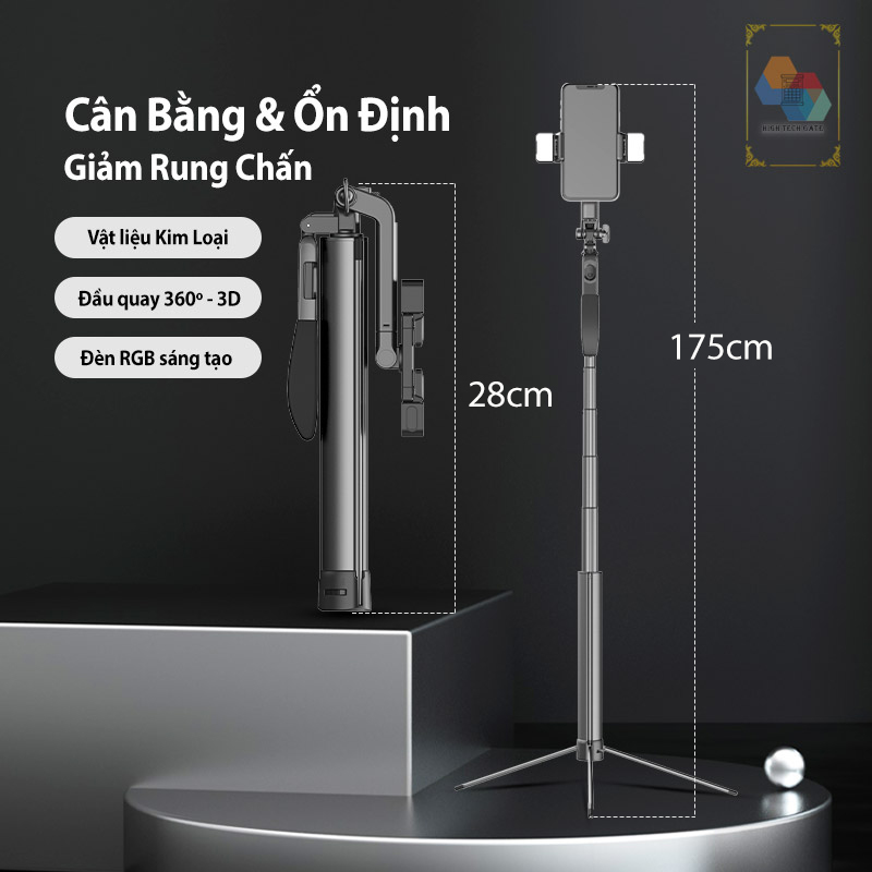 Gậy chụp hình quay video Cyke A21S phiên bản hợp kim chắc chắn, mở rộng đến 175cm, đèn RGB tạo khung nền, trục cardan xoay 3D tự do, hàng nhập khẩu