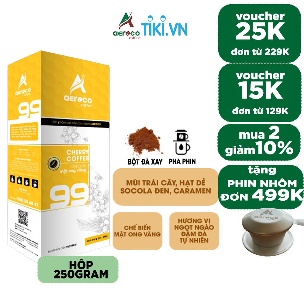 Cà phê bột pha phin AEROCO 99 nguyên chất 100% rang mộc hậu vị ngọt thơm quyến rũ, hộp 250g