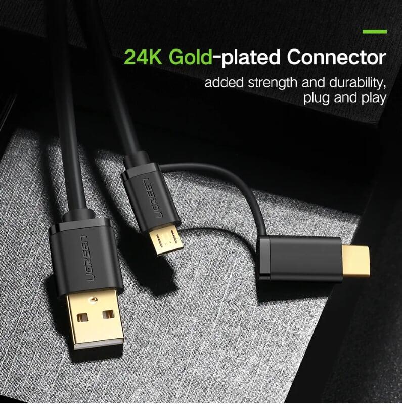 Ugreen UG30174US142TK 1M màu đen Dây USB 2.0 sang Type-C và micro - HÀNG CHÍNH HÃNG