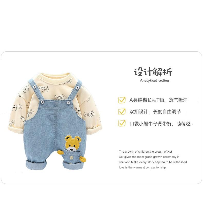Set yếm jean túi gấu + áo dài tay họa tiết gấu con cho bé