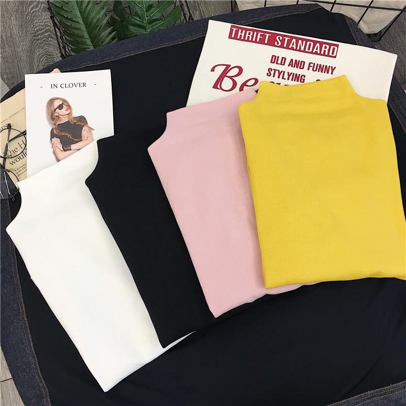 Áo thun tay dài cổ lọ màu trơn đơn giản cho nữ