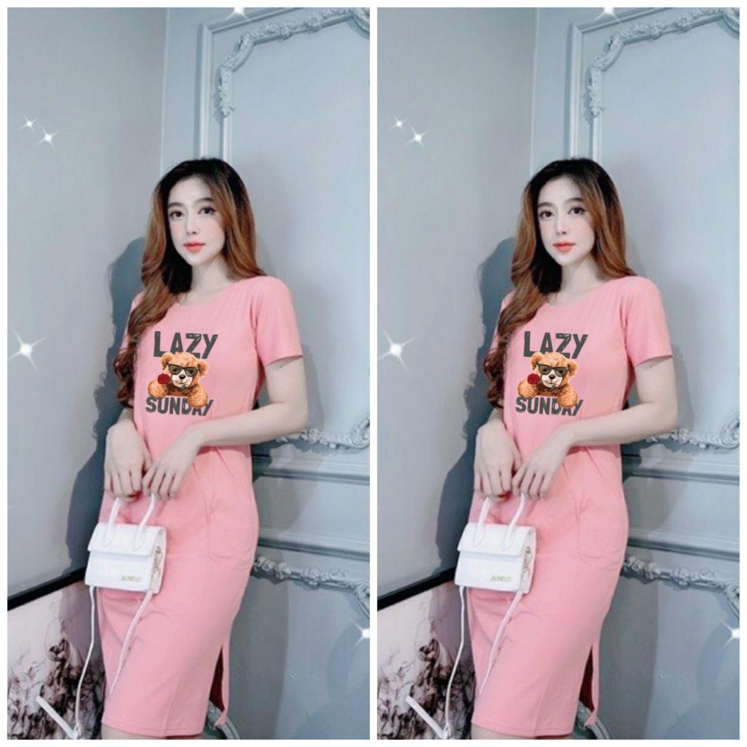 Đầm thun nữ suông xẻ tà in hình Gấu Lazy Sunday thun cotton 4 chiều từ 40-55kg