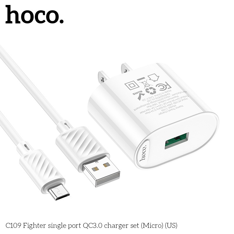 Bộ sạc nhanh 18W Hoco C12Q/C109 TypeC/MicroUsb hỗ trợ QC3.0 sạc nhanh 0-50% Pin Trong 30p dây sạc dài 1m - Hàng chính hãng