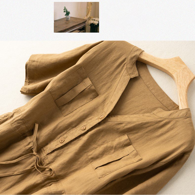 Váy sơ mi dáng suông cổ V,Đầm sơ mi đũi túi ngực kèm dây thắt eo,phong cách mùa hè Hàn Quốc thương hiệu chính hãng Da72