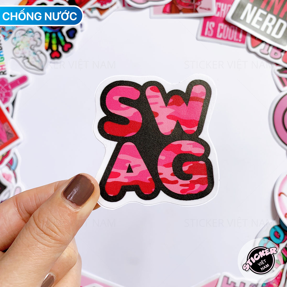 Sticker Màu Hồng Siêu Ngầu Swag Pink - Chất Liệu PVC Chất Lượng Cao Chống Nước - Kích Thước 4-8cm