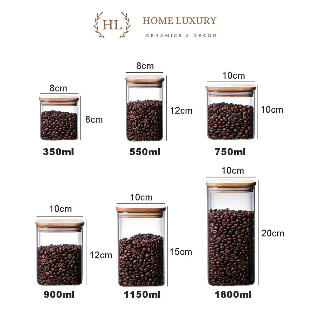 Hũ Thủy Tinh Vuông Nắp Gỗ Tre Kín Hơi Đựng Thực Phẩm, Gia Vị Tiện Dụng | Lọ thuỷ tinh nắp gỗ tre chất liệu Borosilicate