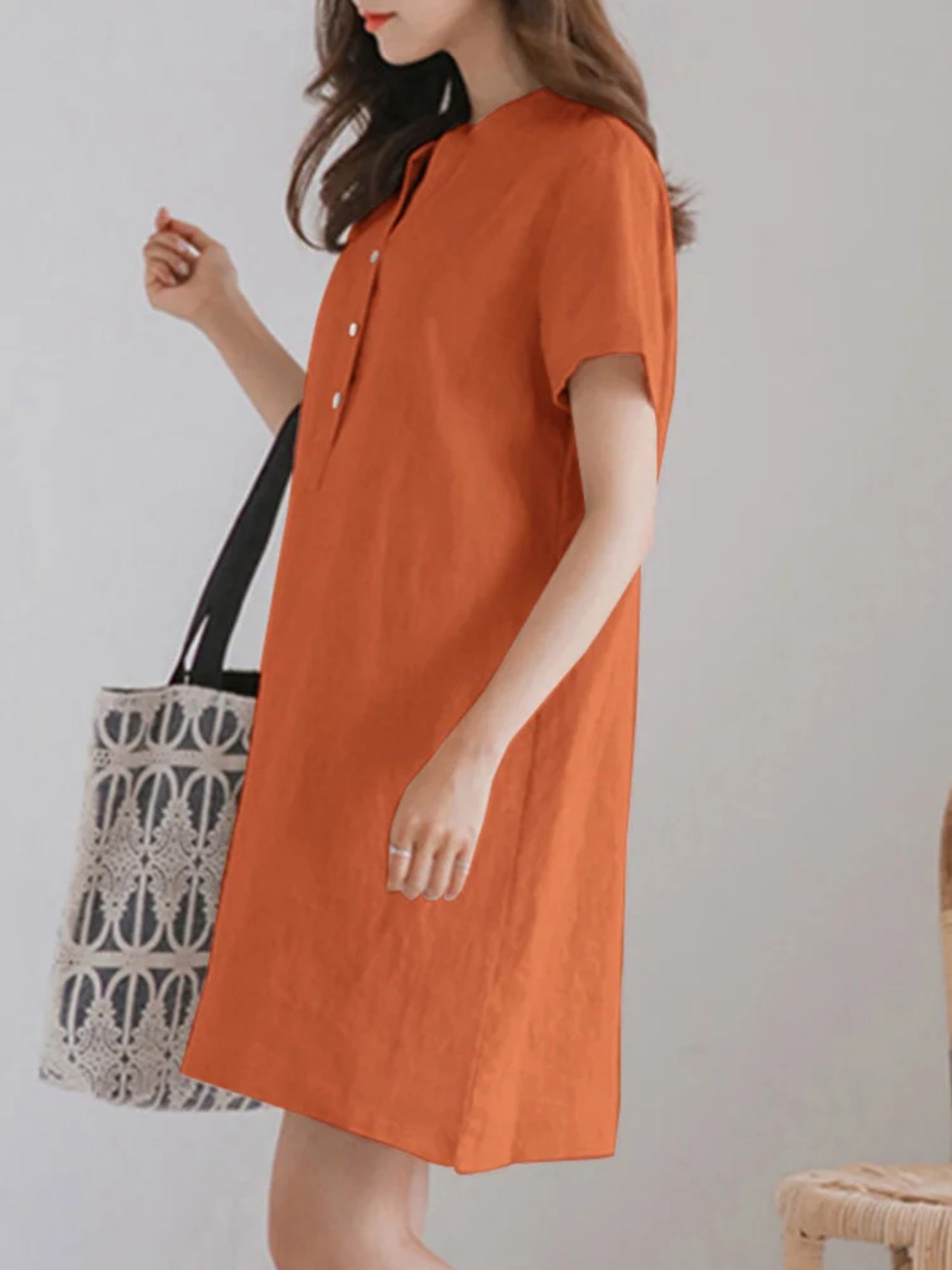 Đầm Sơ Mi Cổ Tàu, Váy Dài Linen Nữ Suông Nữ Tính Nhiều Màu Lựa Chọn Đũi Việt