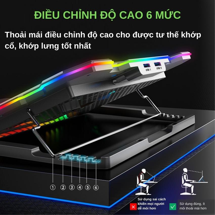 Đế tản nhiệt laptop S103 có 6 quạt làm mát nhanh chống ồn đèn LED RGB điều chỉnh độ cao 6 mức trang bị màn hình LCD giúp tăng hiệu năng bảo vệ máy tính