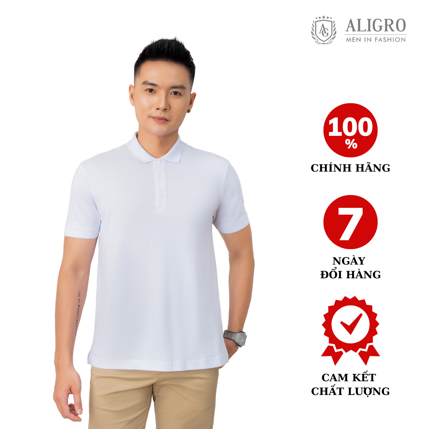 Áo thun polo nam cộc tay trơn màu trắng aligro ALGPLO25