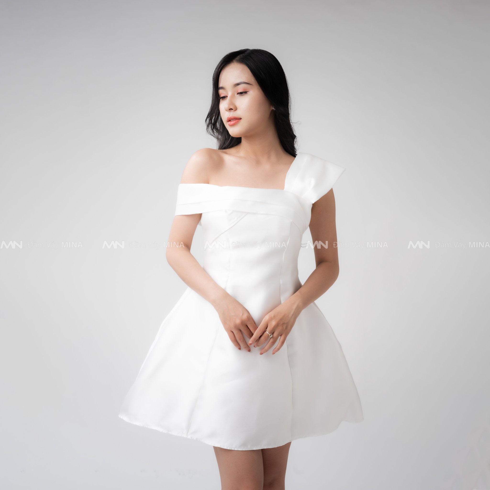 Đầm dự tiệc đầm sang trọng đầm dáng xoè Taffta nơ ngực chéo vai đi chơi dạo phố công sở - MN95 - Đầm Váy Mina