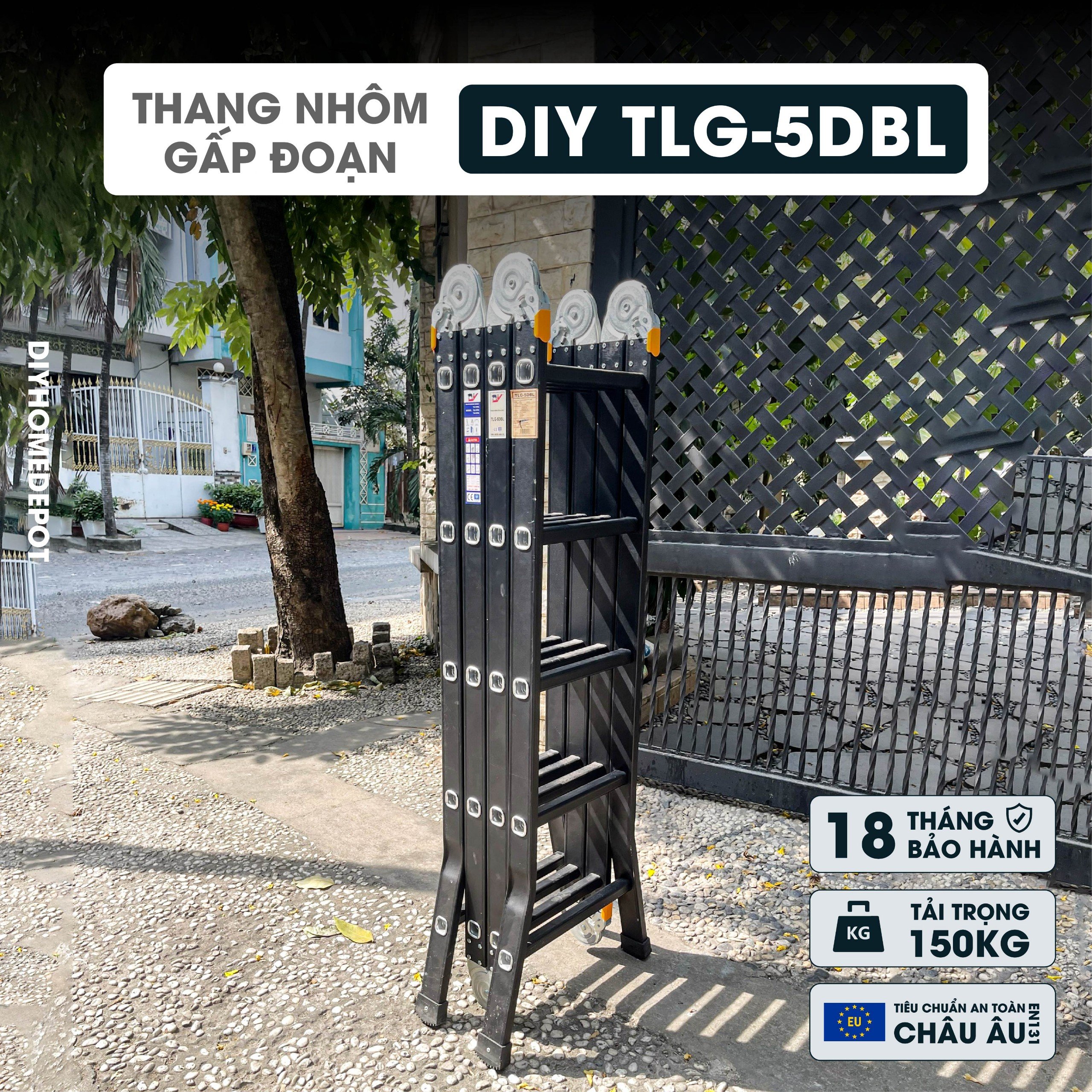 Thang nhôm gấp đoạn cao cấp chân choãi DIY TLG-5DBL chiều cao sử dụng chữ A 2.75M chữ I 5.6M
