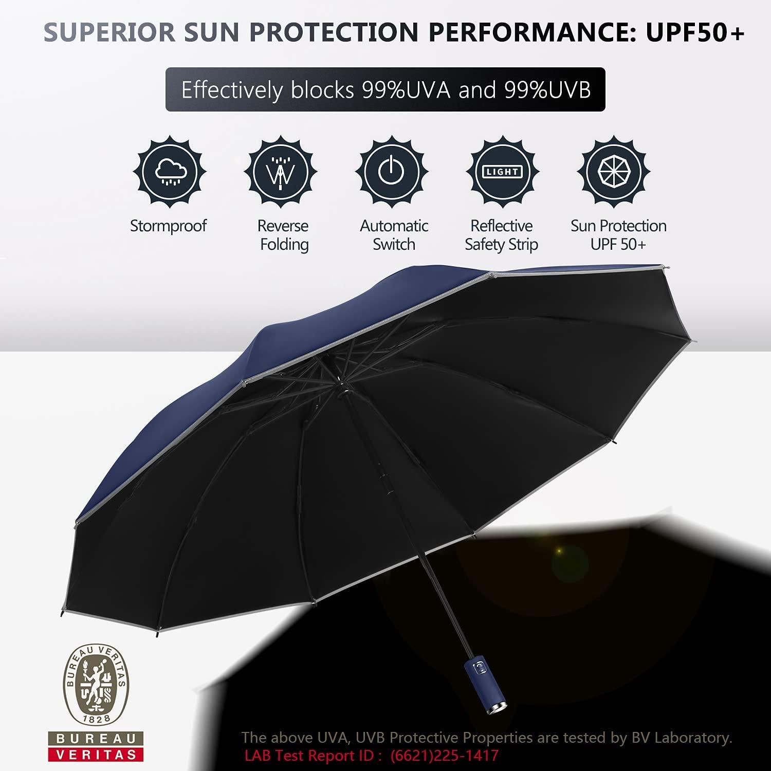 Ô gấp du lịch, chống gió, chống tia UV 99%, UPF 50+. Ô tự động có dải an toàn phản quang và gói quà