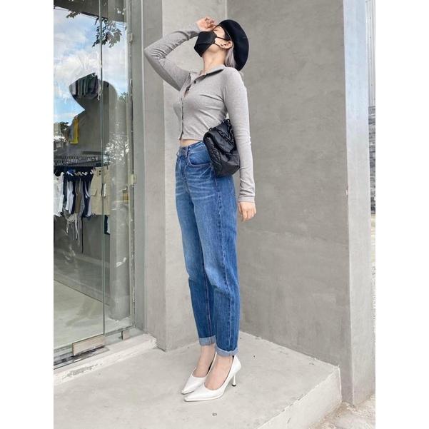 Quần Jean Nữ Momjeans lưng cao chất cotton phom bụi xinh lắm