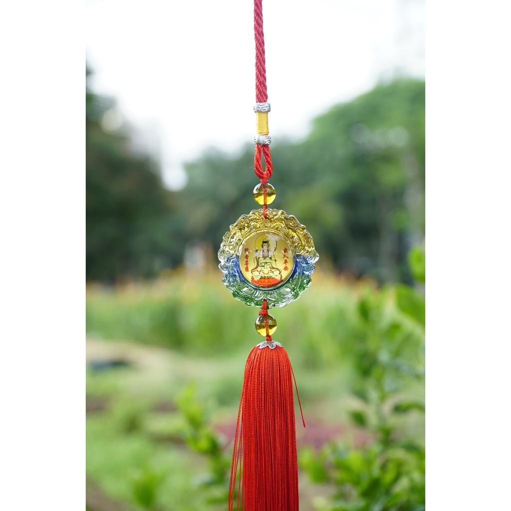 Dây treo phong thủy xe Quan Âm Bồ Tát ngũ sắc tròn bình an