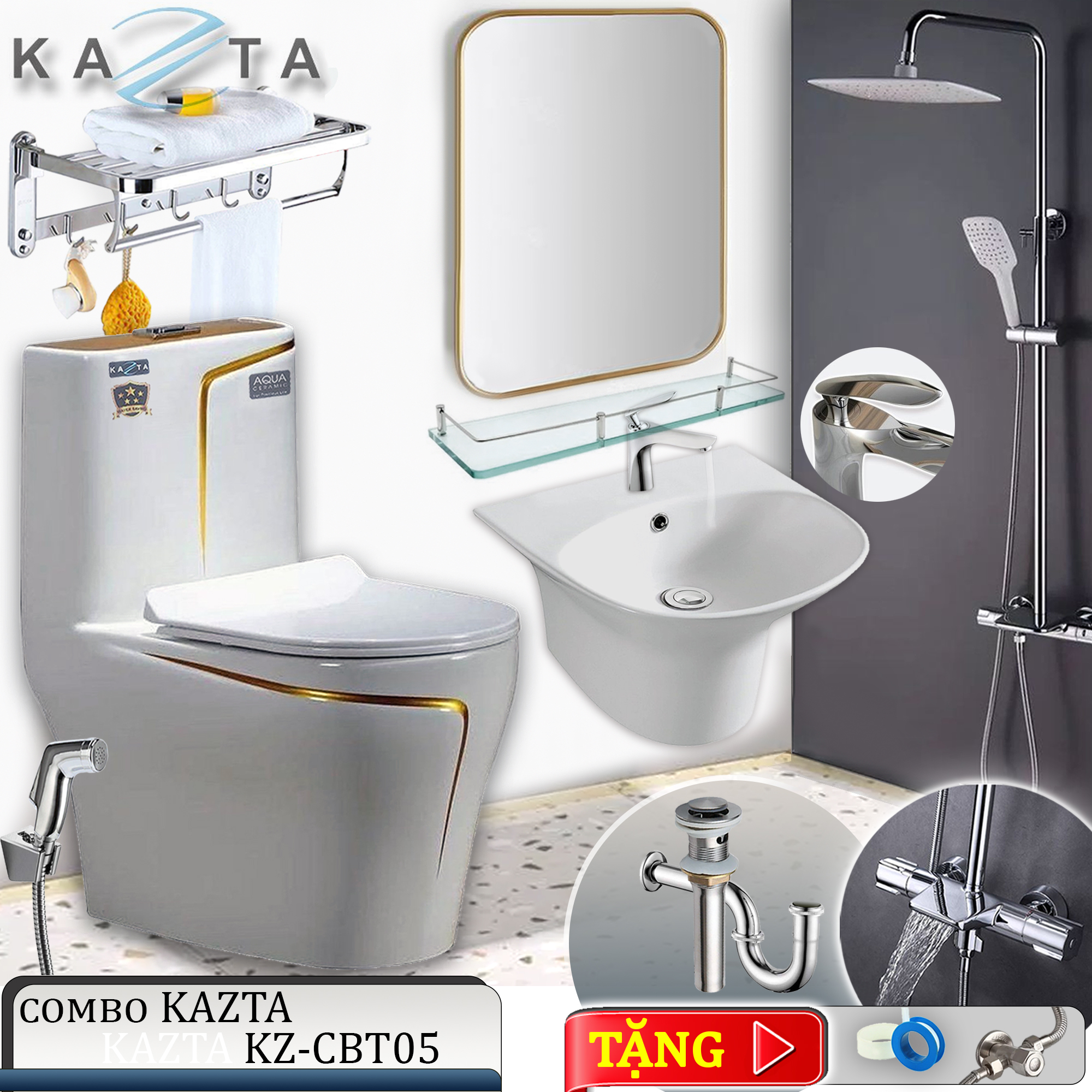 Combo Thiết Bị Nhà Tắm KAZTA KZ-CBT05: Bồn Cầu Liền Khối-Lavabo Liền Chân-Sen Tắm Đứng Chỉnh Nhiệt-Gương Khung Nhôm-Kệ Kính-Giá Treo Khăn Kèm Full Bộ Phụ Kiện Nhà Tắm