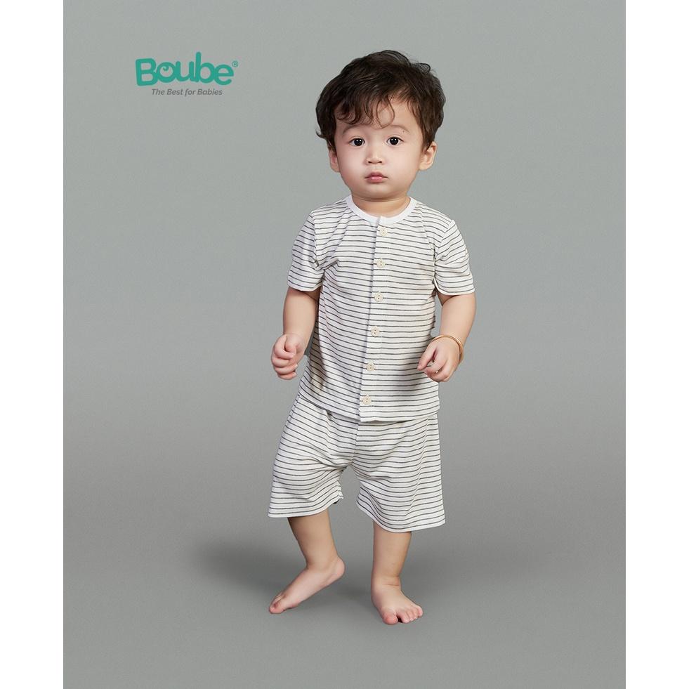 Bộ cộc tay cài thẳng màu trắng kẻ ghi Boube - Chất liệu Petit mềm mại thoáng mát cho bé từ 0 đến 24 tháng