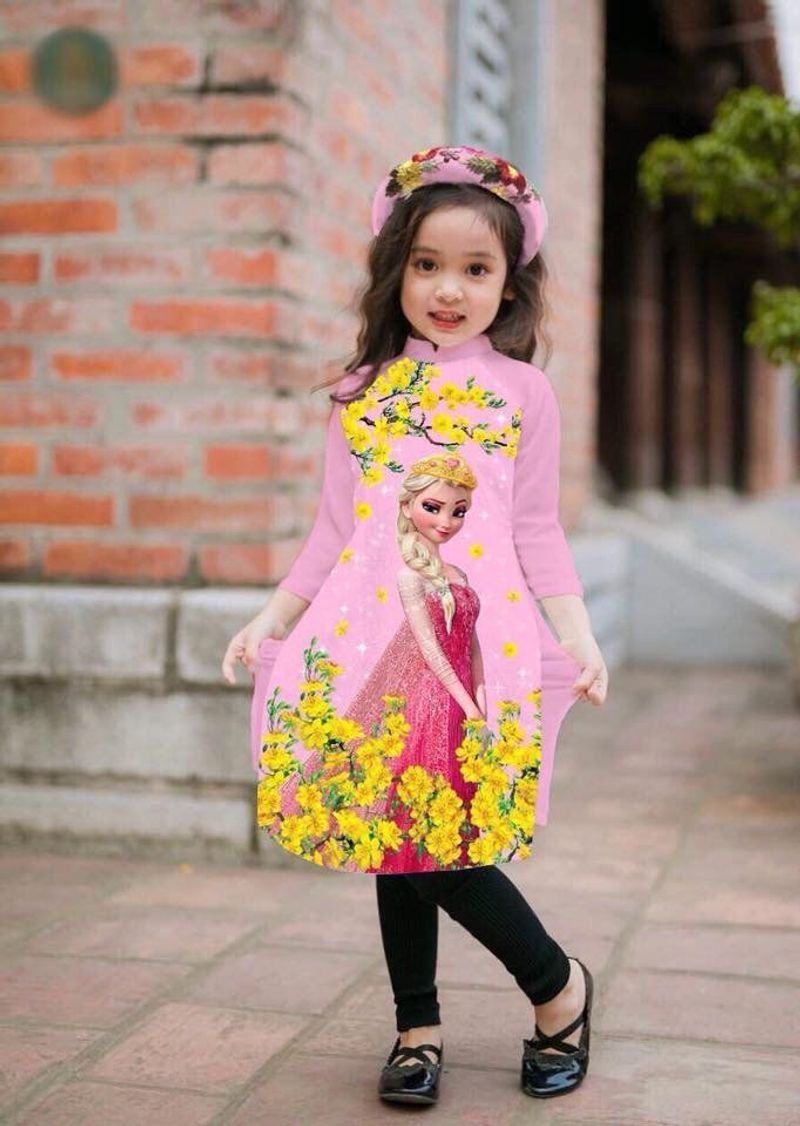 SET ÁO DÀI CÁCH TÂN ELSA 5D CHO BÉ GÁI TẶNG KÈM MẤN ĐỘI ĐẦU ĐỦ SIZE 10-35KG