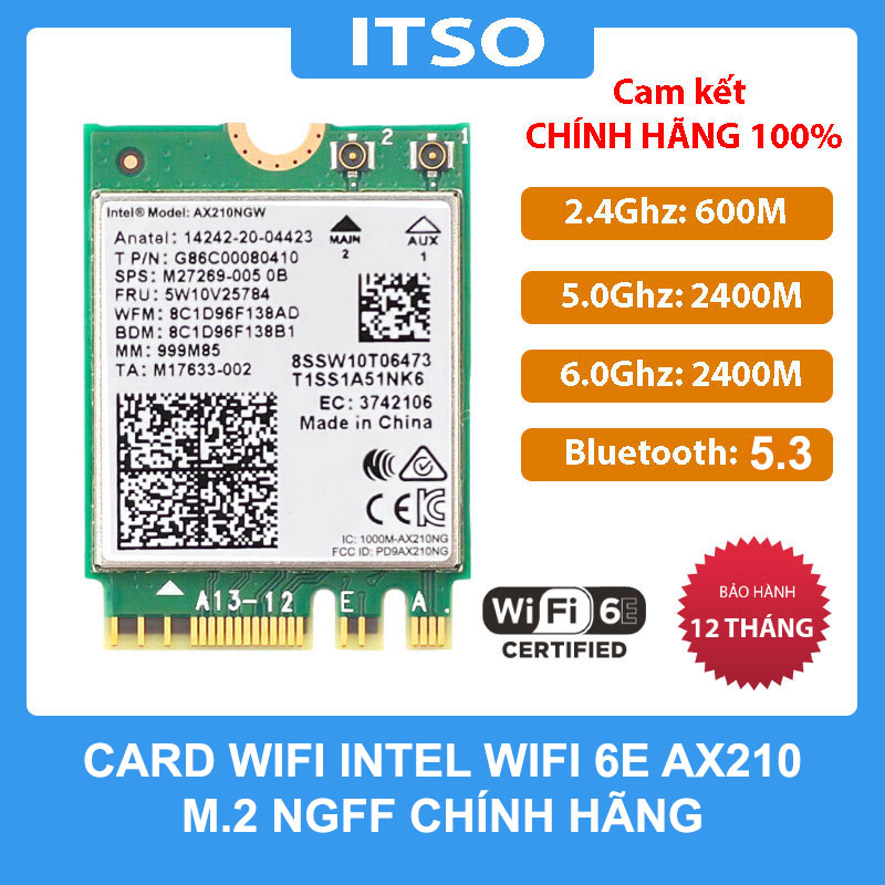 Card WIFI Intel WIFI 6E AX210 sử dụng cho laptop hỗ trợ 3 băng tần tích hợp Bluetooth 5.2 - Hàng nhập khẩu