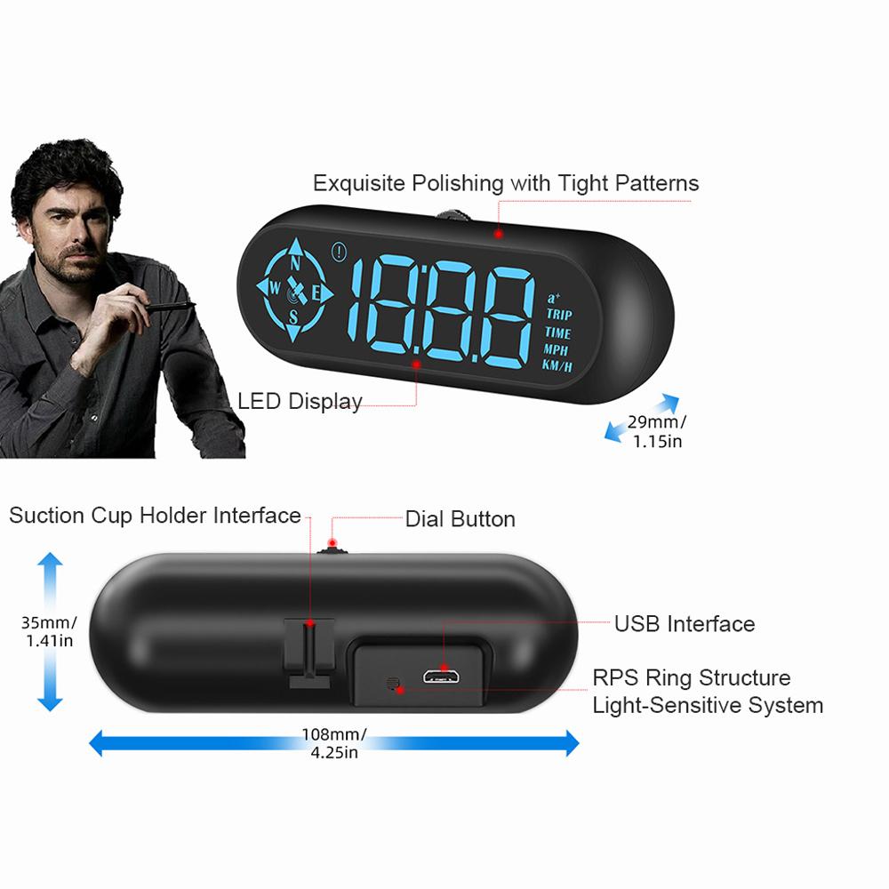 Car HUD Headup Display LED Digital GPS Speedometer Support Overspeed Alarm Fatigue Driving Reminder with Light Sensor