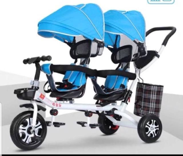 Xe đẩy đôi cho bé bánh cao su, ghế xoay 360 độ