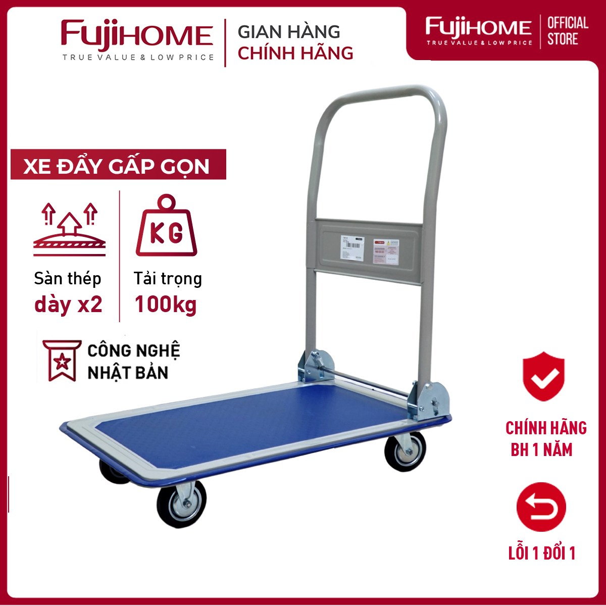 Xe Đẩy Hàng Gấp Gọn 4 Bánh 120Kg Sàn Thép Nhập Khẩu Fujihome Sh150 - Bánh Xe Chống Ồn, Chính Hãng Bảo Hành 1 Năm