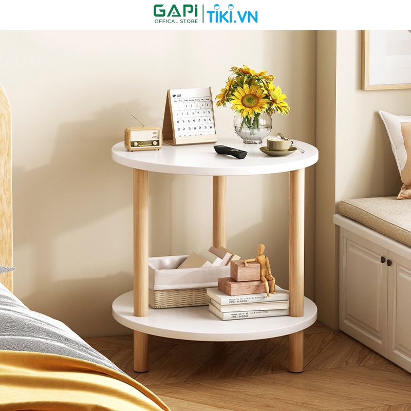 Bàn trà gỗ 2 tầng bề mặt chống nước, Bàn decor không gian chân gỗ sồi tháo lắp đơn giản phù hợp với mọi không gian GAPI GP251