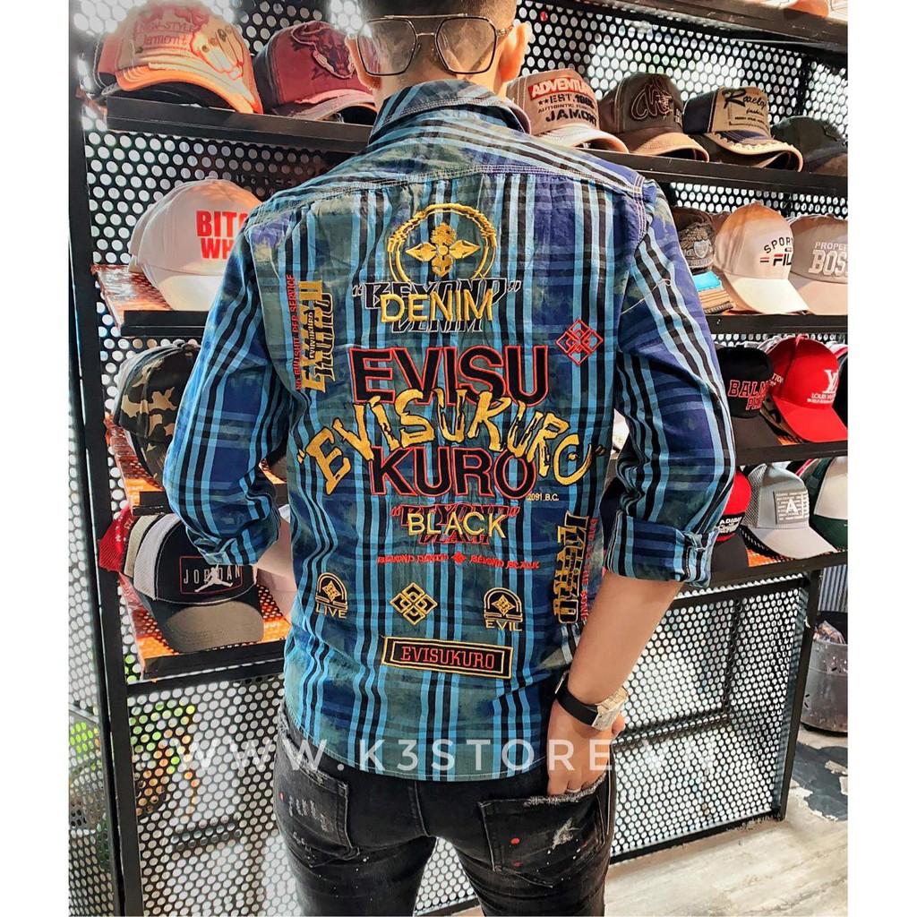 Áo sơ mi nam sọc caro xanh was bụi thêu chữ evisu kuro denim chỉ nổi toàn áo K3 STORE