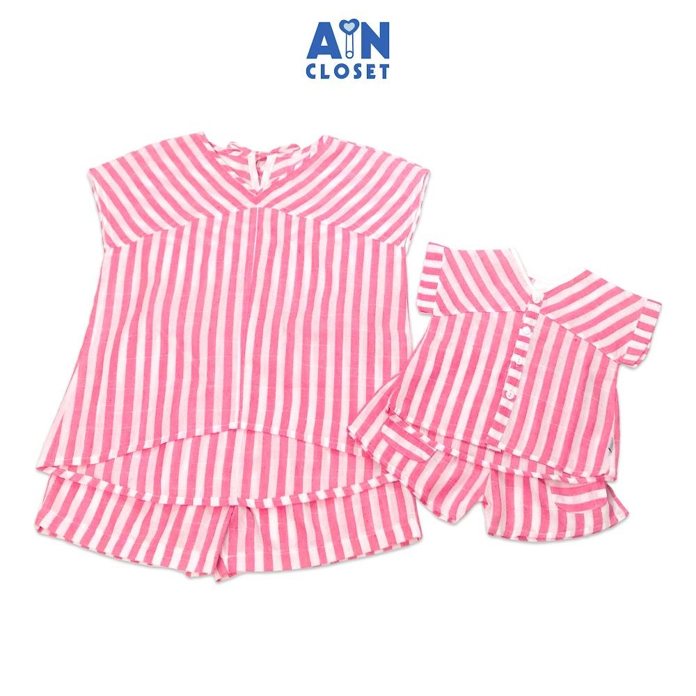 Bộ quần áo ngắn cho mẹ họa tiết Kẻ hồng trắng linen cotton - AICDMEE2ZVSH - AIN Closet