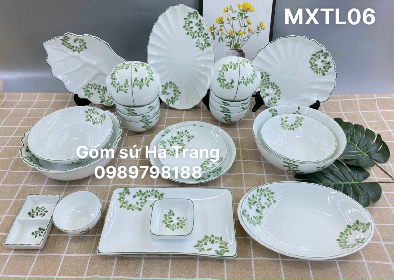 Bộ bát đĩa gốm sứ Bát Tràng cao cấp họa tiết lá me xanh MXTL006