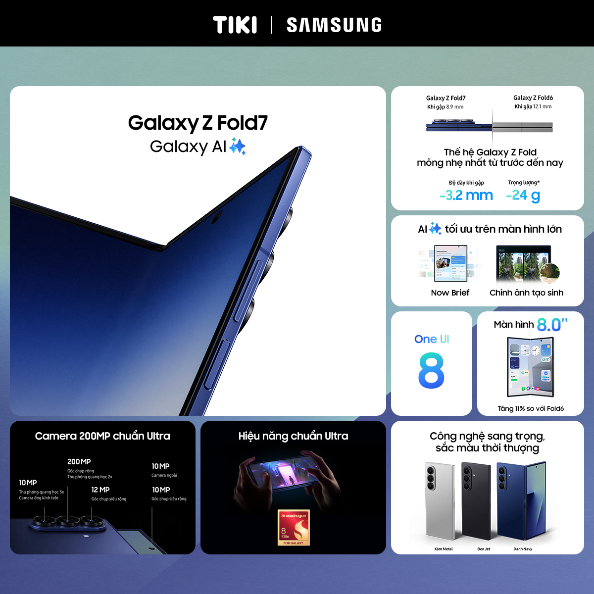 Điện thoại Samsung Galaxy Z Fold7, Điện thoại AI, Camera 200MP, Màn hình 8.0&quot; tối ưu đa nhiệm, Mỏng nhẹ nhất - Hàng Chính Hãng