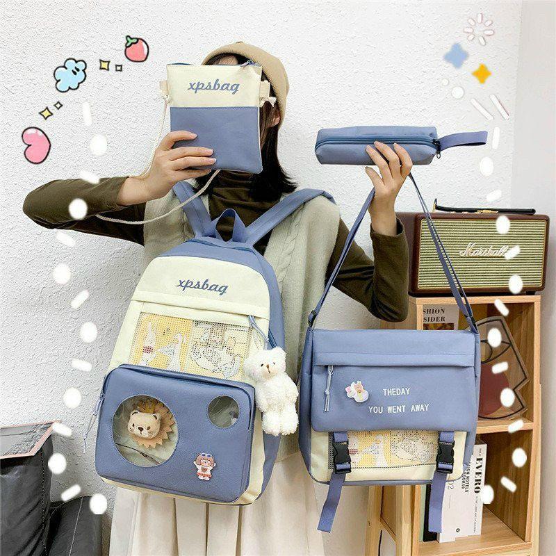 Set 4 món balo combo ulzzang đi học sinh sinh viên laptop cute - Sư Tử