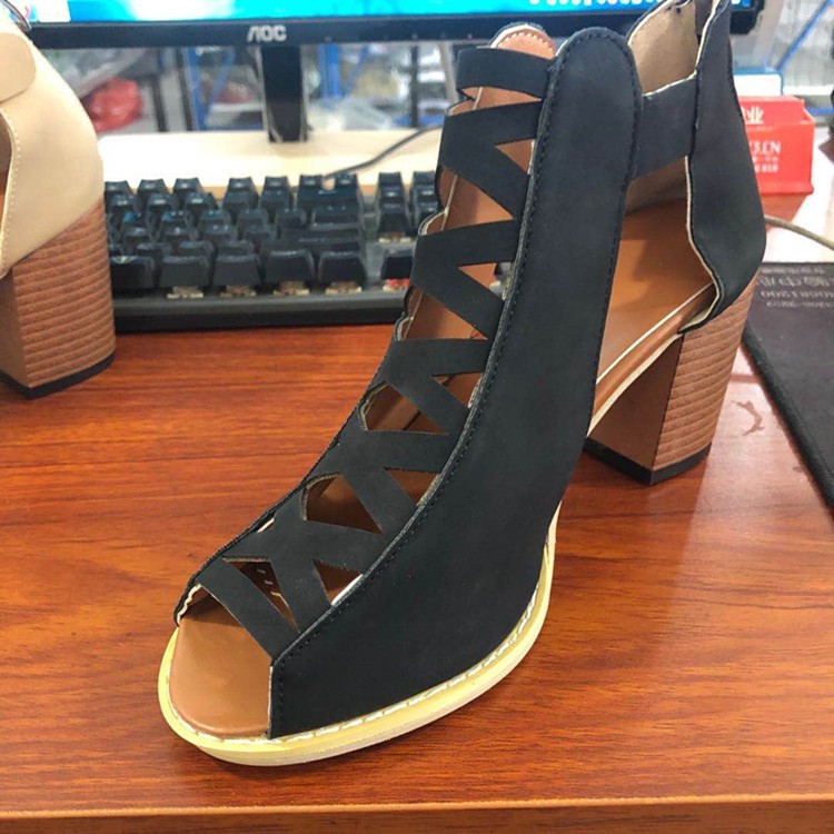 Ladies Hollow High Heel Sandals Fish Mouth Buckle Roman Sandals