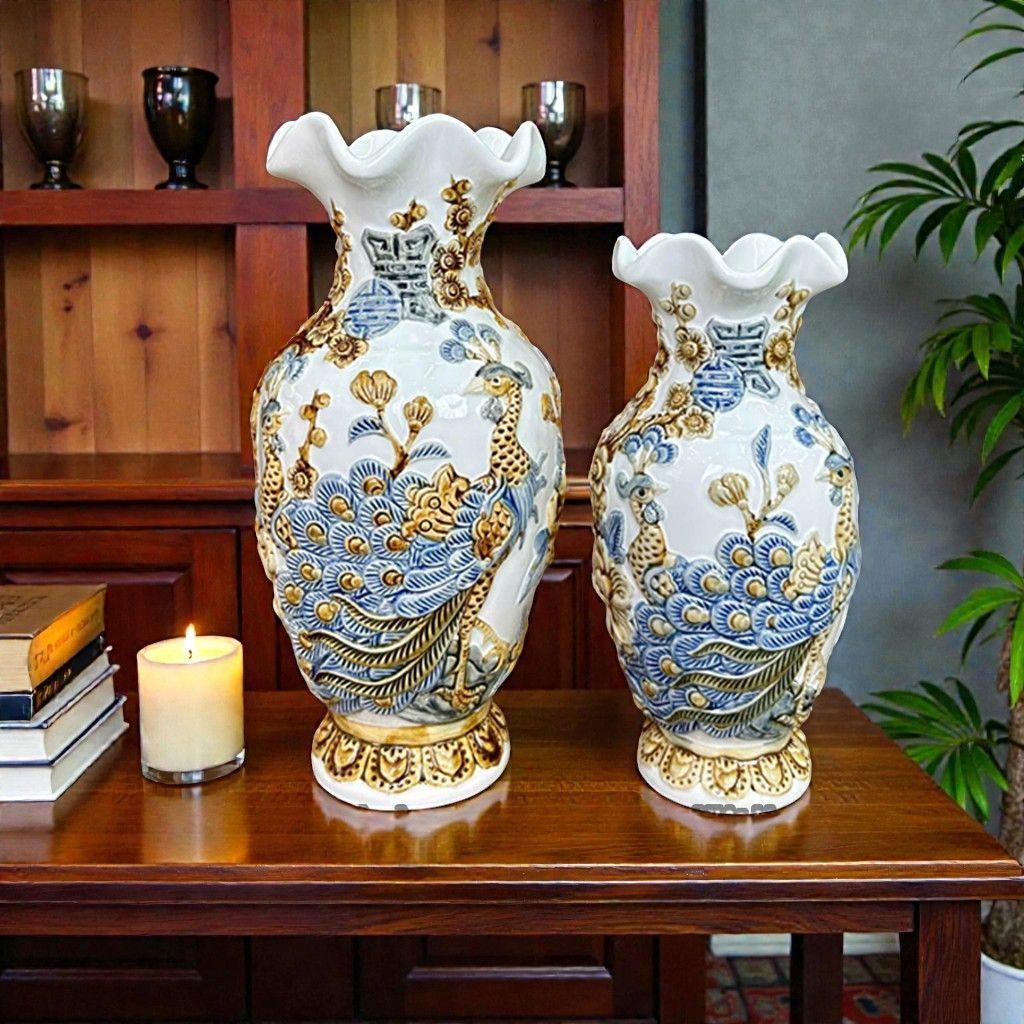 Lọ Lộc Bình Men Trắng Đắp Nổi RỒNG VIỆT- Bình Trang Trí Phong Thủy Bát Tràng Tinh Tế