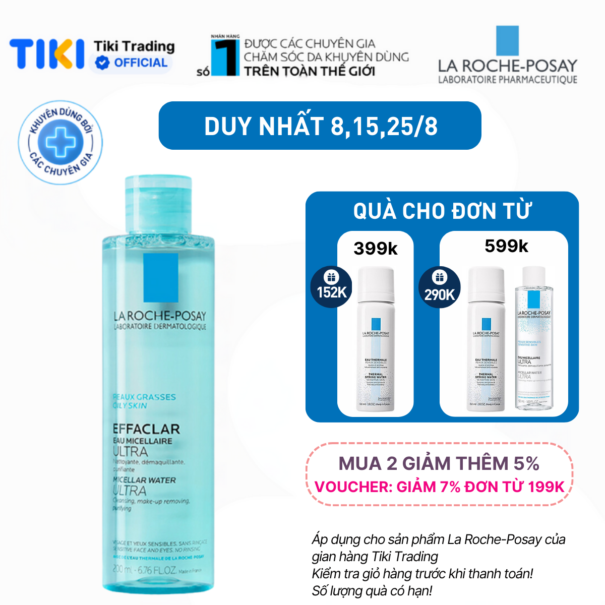 Nước làm sạch sâu và tẩy trang dành cho da mụn, da dầu nhạy cảm La Roche-Posay Effaclar Micellar Water 200ml