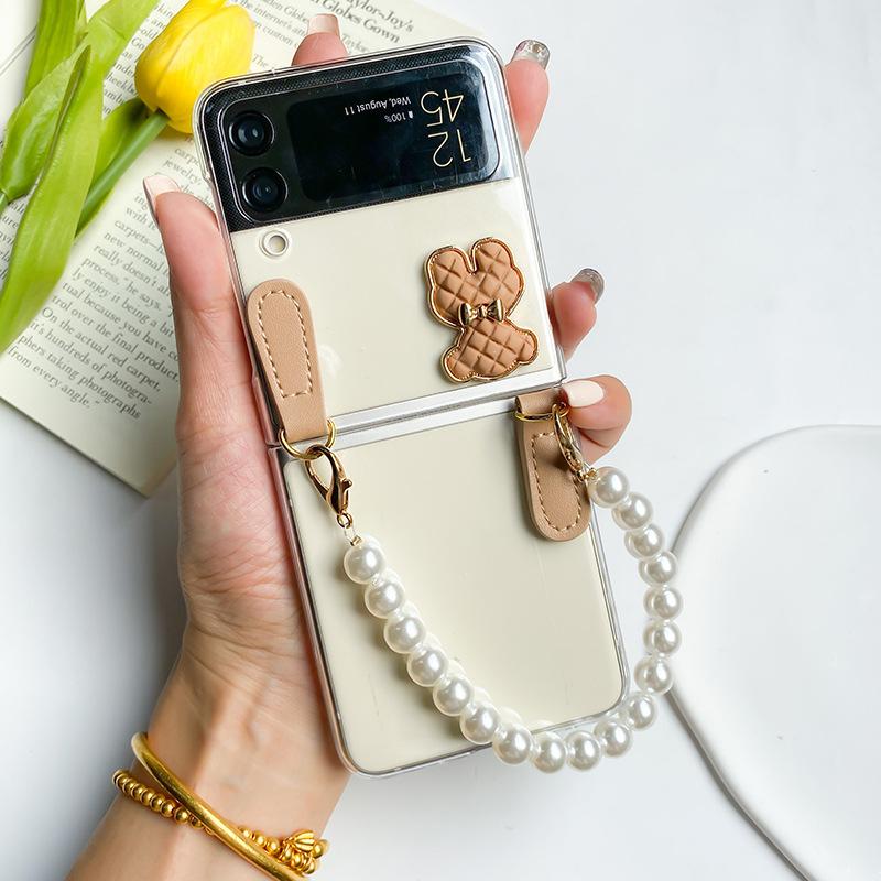 Ốp Lưng Cho Samsung Galaxy Z Flip 4 / Z Flip 3 Trong Suốt Kèm Dây Ngọc Trai Cầm Tay - BUM STORE GALAXY CASE