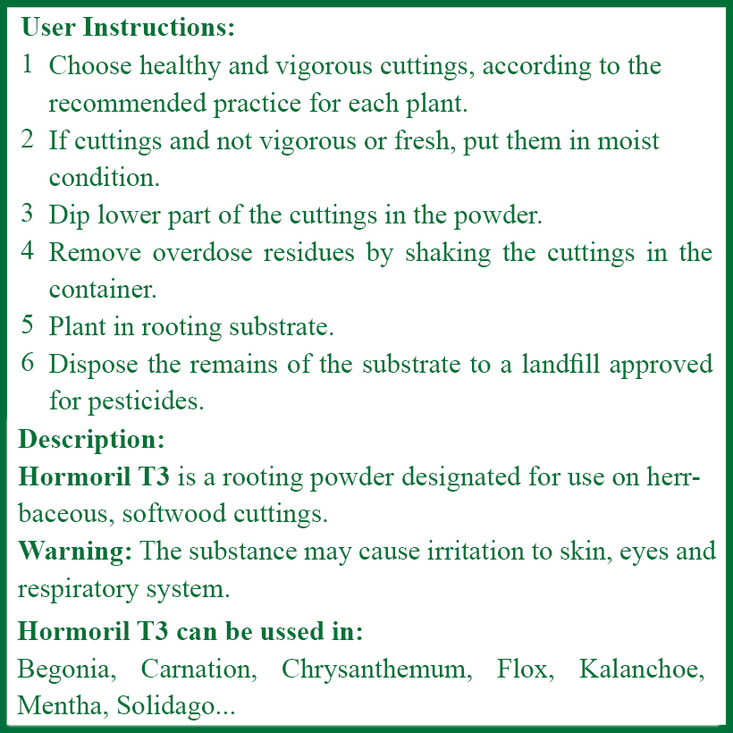 Bột Kích Rễ Israel - Dry Rooting Power Hormoril T3 (Hủ 100gr) dùng kích thích ra rễ nhanh, khỏe trong việc giâm chiết cành hay cây con họ thân mềm (có Thành phần T With Fungicige Ngăn Ngừa Nấm Bệnh vết cắt)