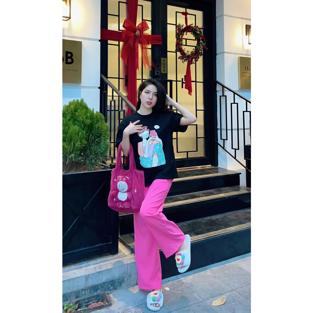 Đồ bộ Dài Áo Thun Cô Gái Quần Hồng Ống Rộng DOMIN