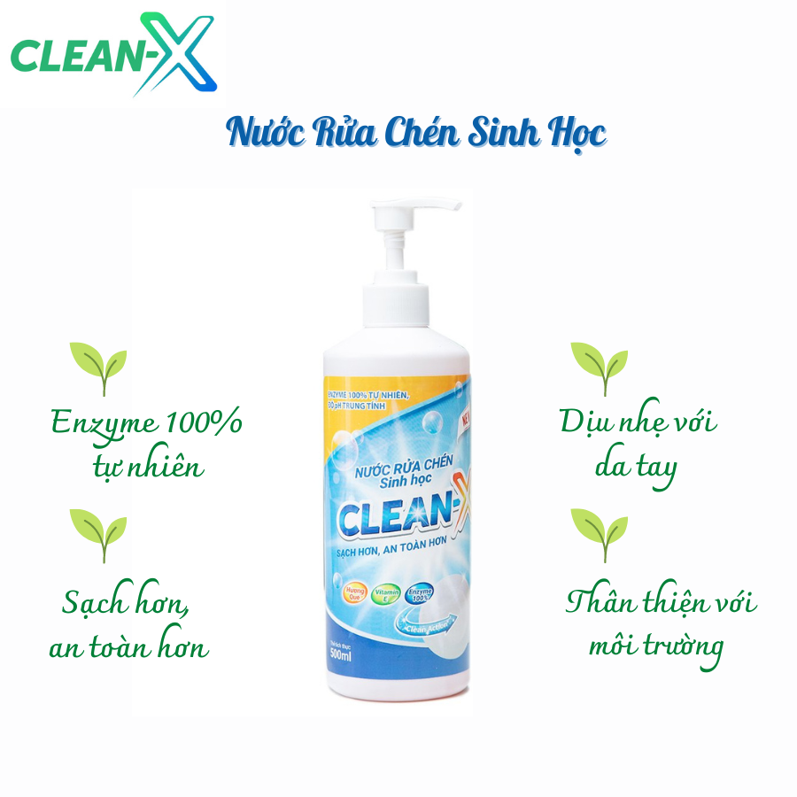 NƯỚC RỬA CHÉN BÁT SINH HỌC CLEANX 500ml - COMBO 5 CHAI 500ml