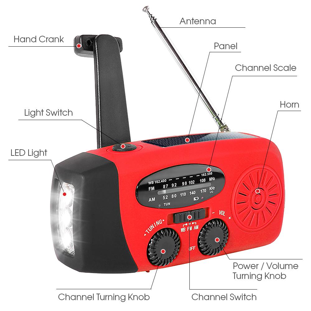 Đài phát thanh khẩn cấp Mặt trời hỗ trợ tay quay Đài cảnh báo thời tiết FM / AM với chức năng dự trữ năng lượng ánh sáng LED