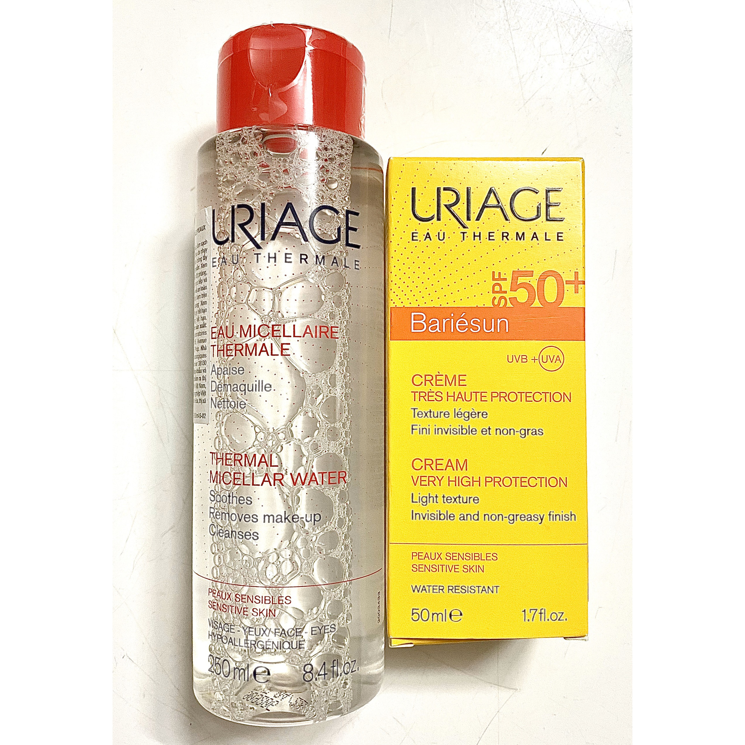 Combo Nước Tẩy Trang Cho Da Dễ Bị Kích Ứng Uriage - Eau Micellaire Thermale P S F (250ml) Và  Kem Chống Nắng Uriage Bảo Vệ Tối Đa SPF50+ Creme 50ml