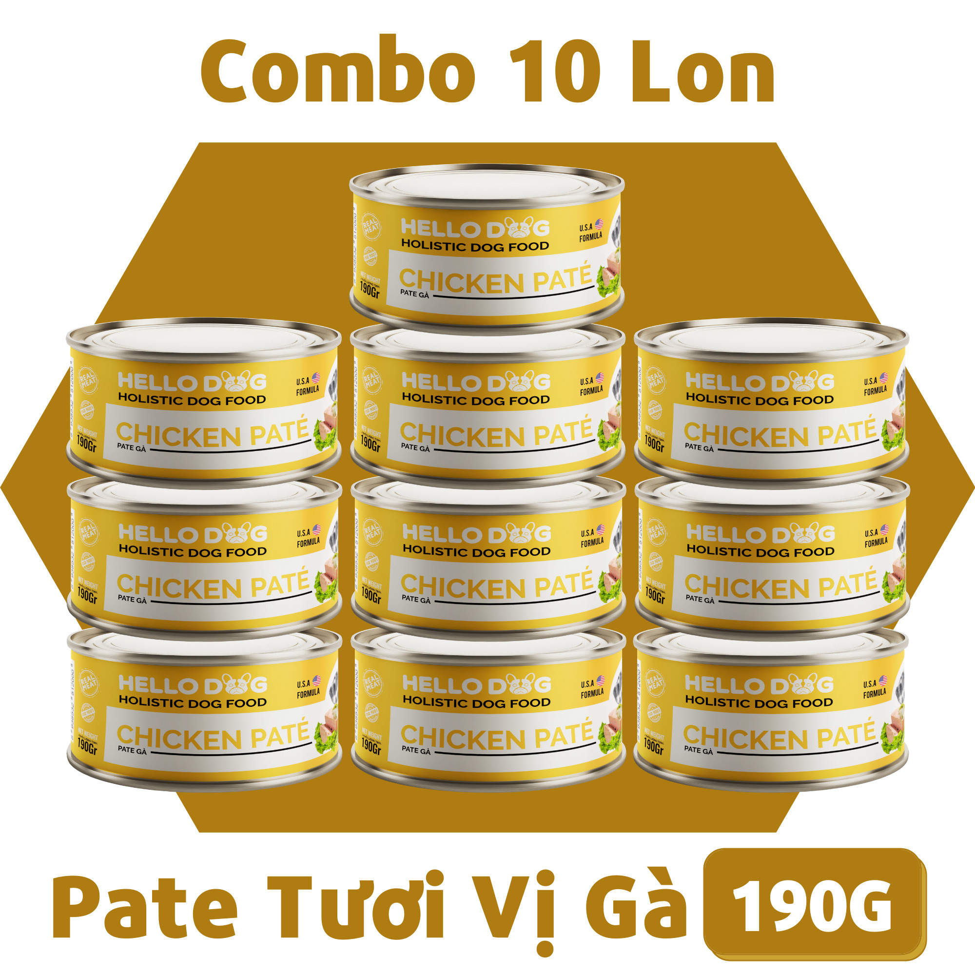 (Combo 10 Lon) Pate Tươi Dành Cho Tất Cả Các Giống Chó Ở Mọi Độ Tuổi Hương Vị Gà Thơm Ngon Dễ Ăn Bắt Vị - Hello Dog Chicken Pate 190G