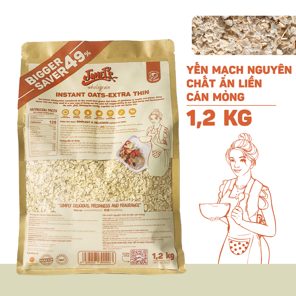 Yến mạch nguyên chất ăn liền cán mỏng Janet's 1.2kg