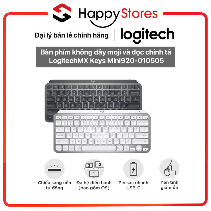 Bàn phím KHÔNG DÂY phát sáng tối giản với các phím emoji và đọc chính tả LogitechMX Keys Mini - HÀNG CHÍNH HÃNG