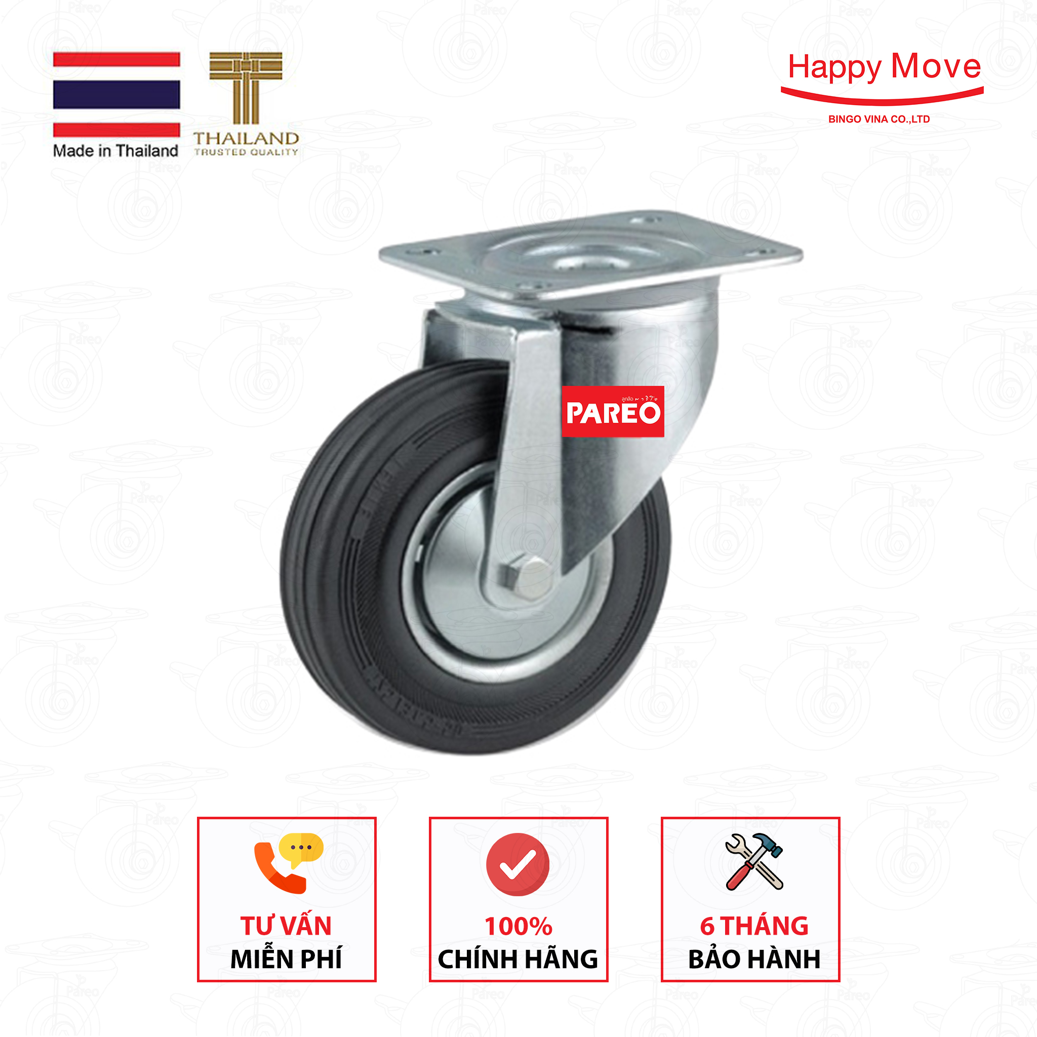 Bánh xe đẩy cao su đen càng xoay 360 độ 80-100mm - Happy Move Thái Lan