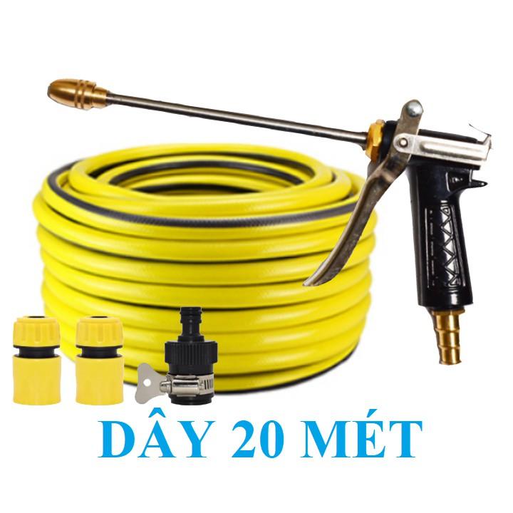 Bộ dây vòi xịt nước rửa xe, tưới cây . tăng áp 3 lần, loại 20m 206318 đầu đồng, cút,nối đen+ tặng mở chai