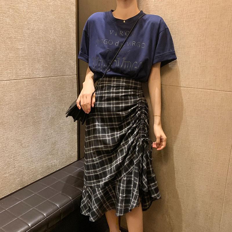 Women Summer Vintage High Waist Wild Plaid Print Skirt Casual Maxi Dress