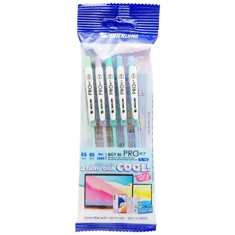 [NEW] Vỉ 5 Bút bi Pro 027 ngòi 0.5 mm Thiên Long TL-105 - Mực xanh và mực đen