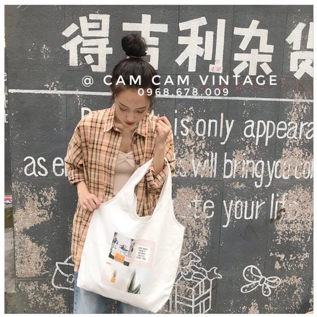 TÚI TOTE VẢI VINTAGE MẶT LÁ XANH MÁT