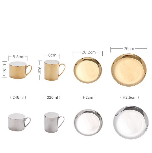 Đĩa Sứ Cao Cấp, Cốc Sứ Trọn Bộ Cốc Đĩa Cafe Sứ Sang Trọng, 2 màu sắc Vàng và Bạc